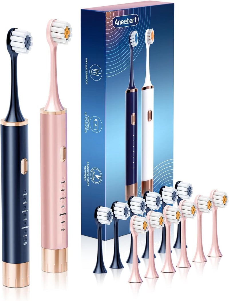Aneebart Blue & Pink Electric Toothbrush for Adults, USB Rechargeable Sonic Toothbrush with 12 Brush Heads, Smart Timer, 6 Modes, 2-Hour Fast Charge Last 30 Days - Image 1